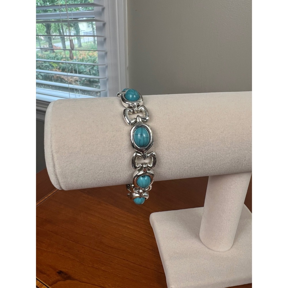 Silver Tone Faux Turquoise Link Bracelet Southwestern Style Toggle Clasp 7.5 in
